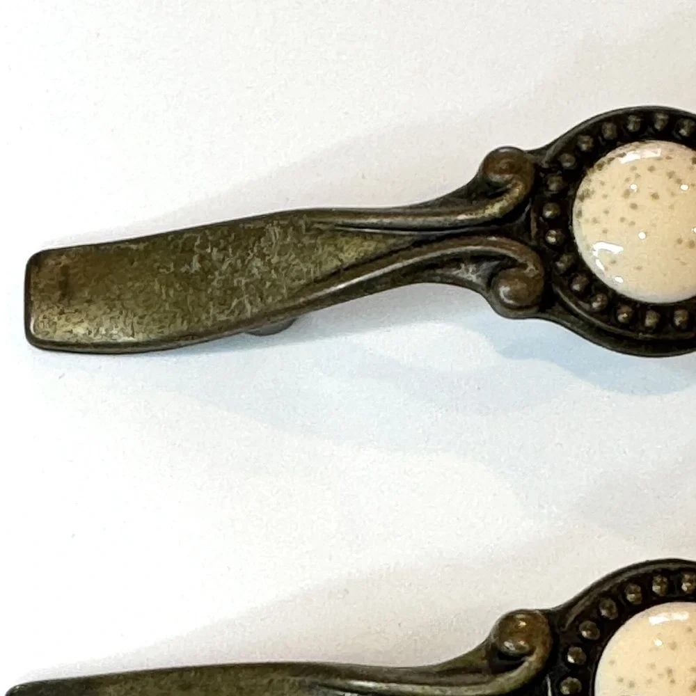3 Vtg Brass Speckled Stone Center Hardware Cabinet Drawer Pulls Sundial Center